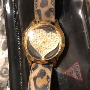 Leopard gold rhinestone heart Guess watch
